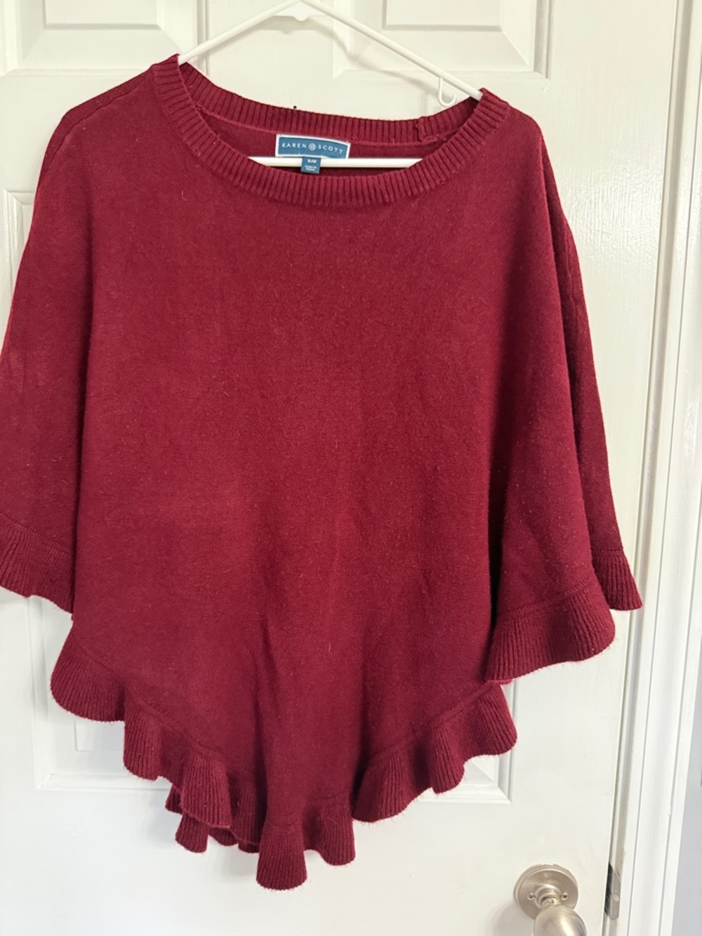 Karen Scott Burgundy Ruffle-Hem Knit Poncho